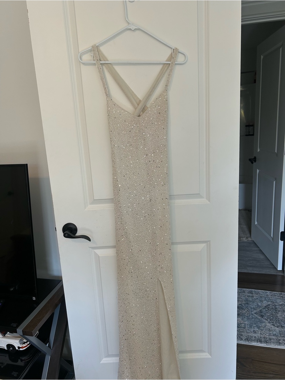 Silk Beaded Evening Gown with V-Neck and Slit